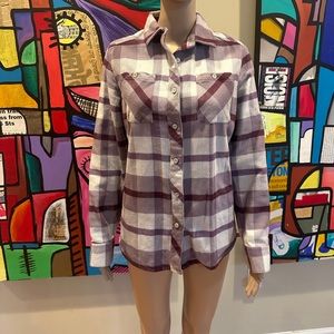 EMS Women's Flannel Jacket Shacket Purple Plaid Eastern Mountain Sports L